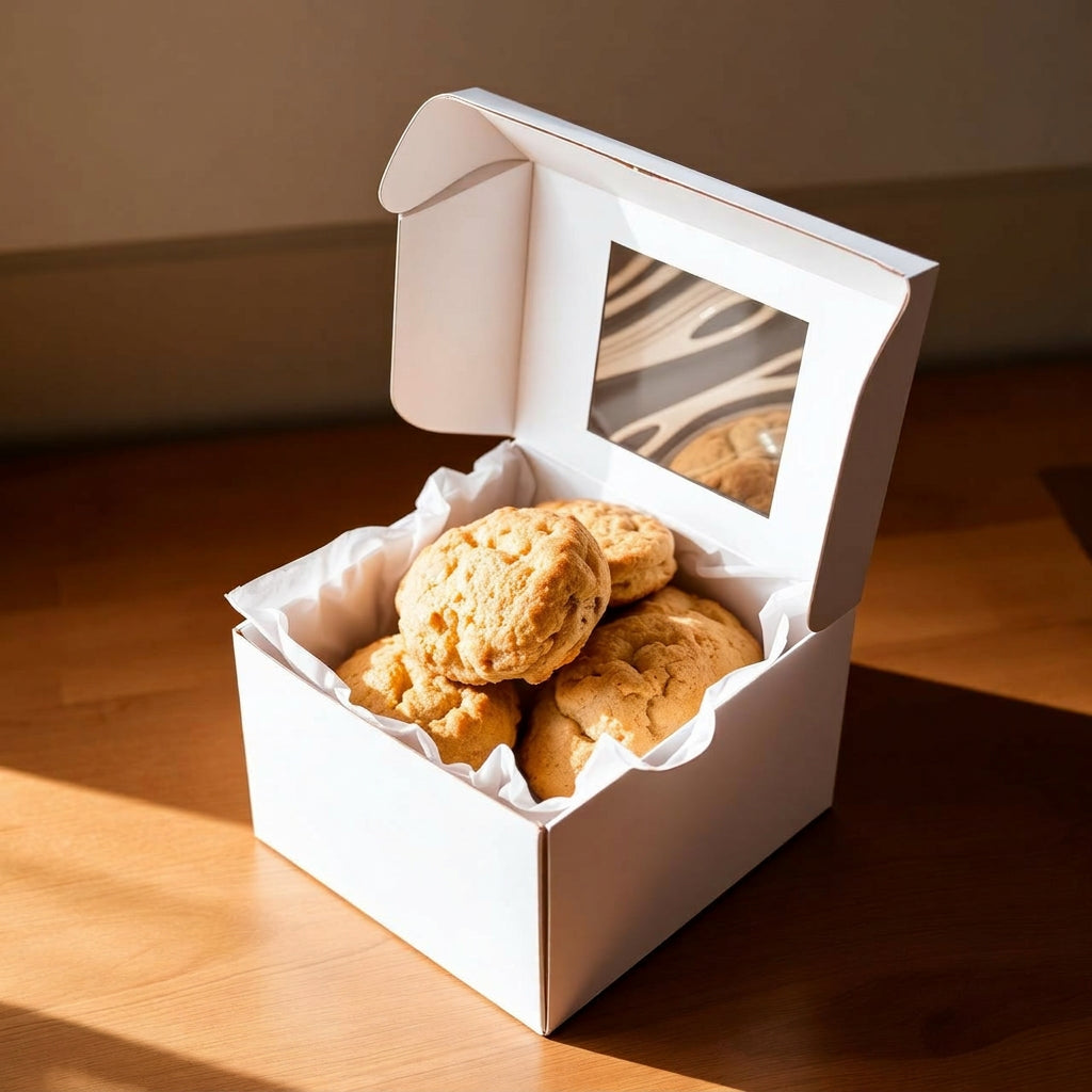 Open subscription box revealing fresh scones