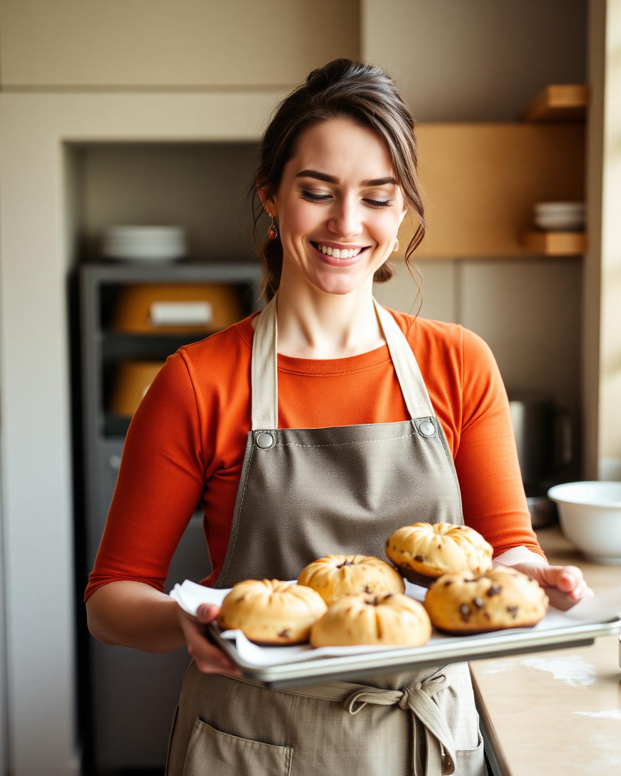 Founder of SconeOfTheMonth holding a tray of fresh scones