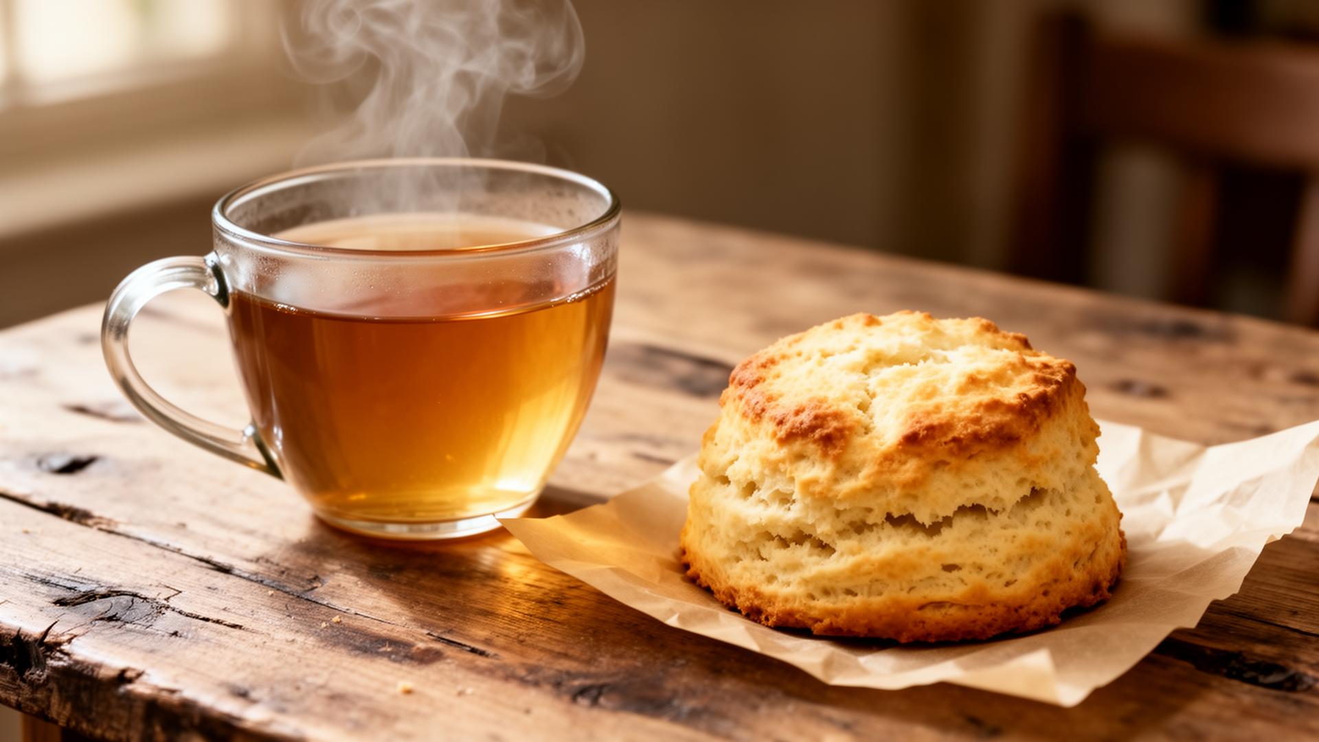 A steaming cup of tea beside a whole golden scone on parchment