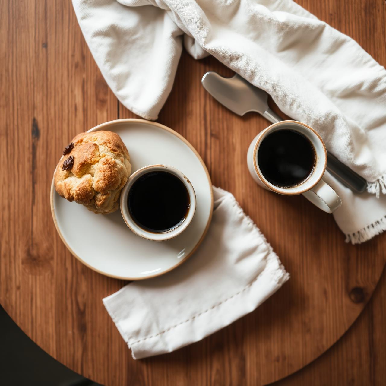 Scone and coffee on a wooden table